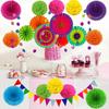 2sets Tissue Pom Poms Party Decoration Multi-color Hanging Paper Fans Flowers Garlands String Polka and Triangle Bunting Flags for Birthday Parties