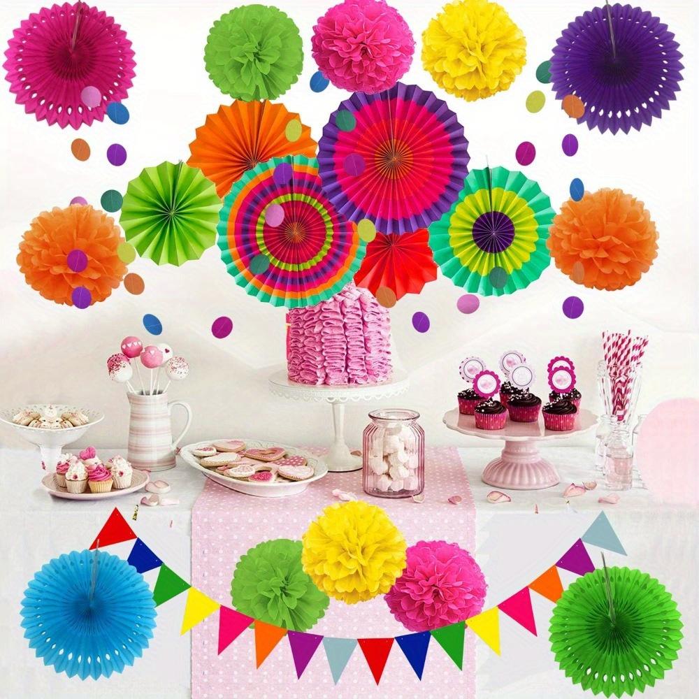 2sets Tissue Pom Poms Party Decoration Multi-color Hanging Paper Fans Flowers Garlands String Polka and Triangle Bunting Flags for Birthday Parties