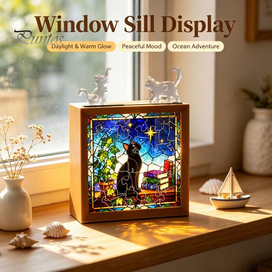 Wooden Photo Frame Base DIY Acrylic Cat Puzzles Night Light, Hand-Assembled Stained Glass Style Jigsaw Lamp with Personalized Handmade Presents Decor,