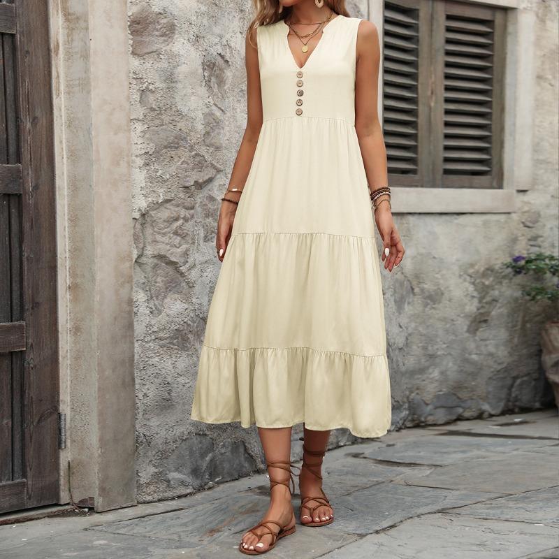 Letní volné ležérní šaty A-linie bez rukávů Dámské elegantní módní plisované plážové dovolenkové šaty Dámské jednobarevné jednoduché štíhlé vintage dámské šaty 26243