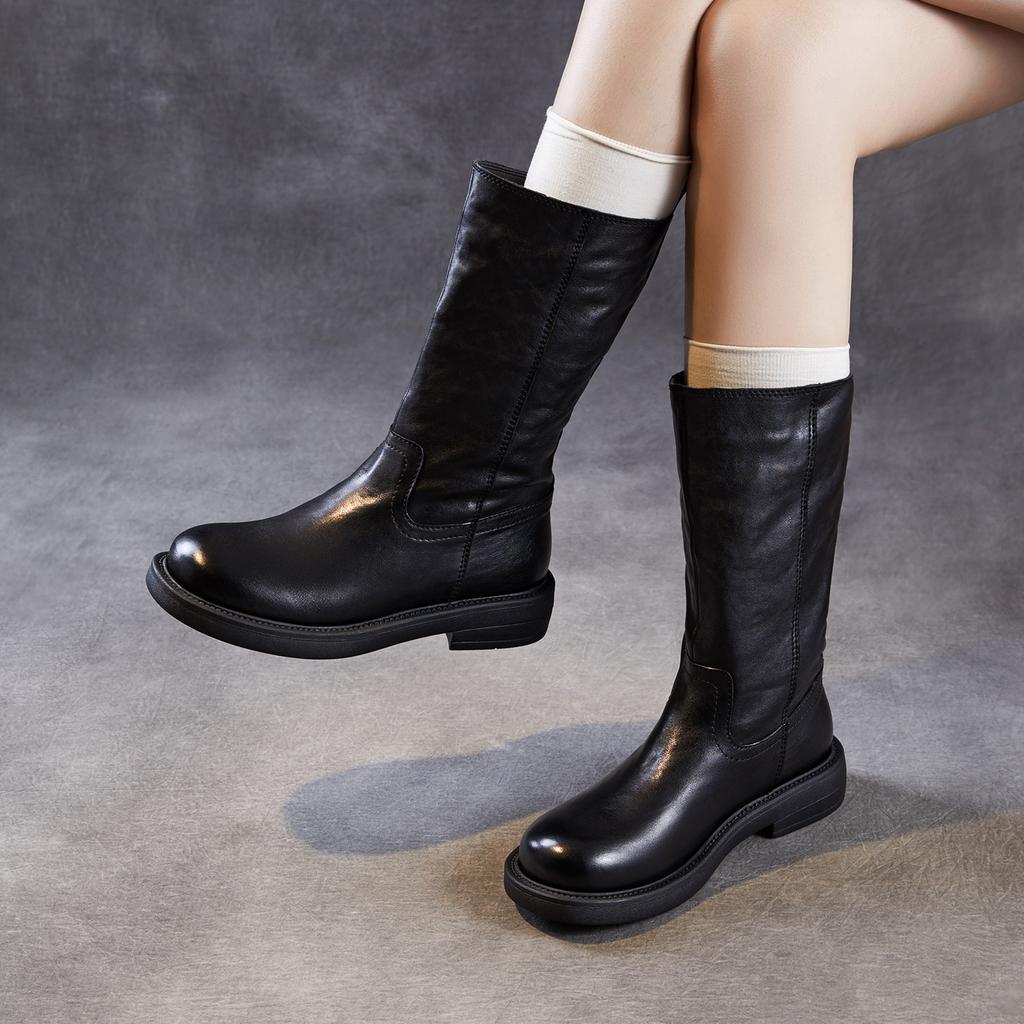Light Luxury Hand Grab Retro Medium Boots Winter Leather Wide Knight Boots Straight British Fleece Boots