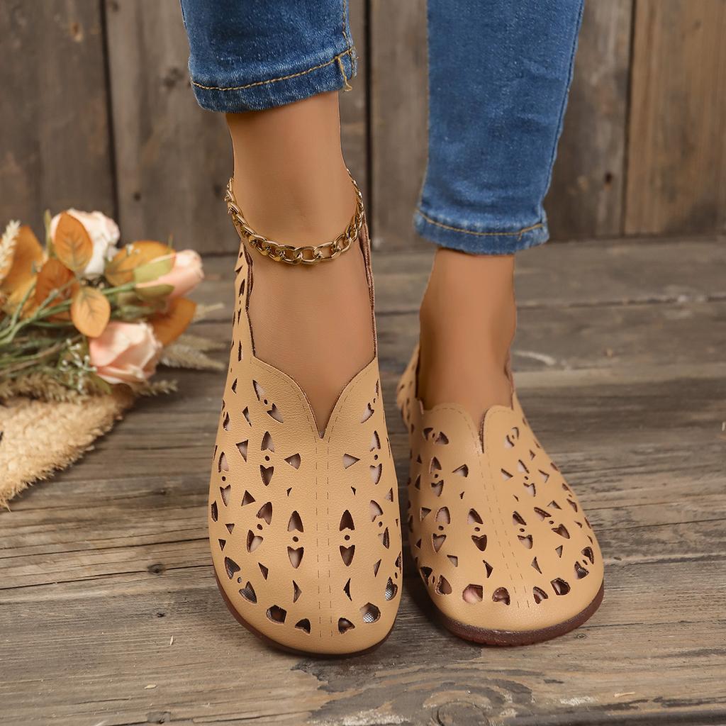 Pantofi retro cu talpă plată, scobiți, pentru femei, cu vârf rotund și sandale joase și joase în stil etnic