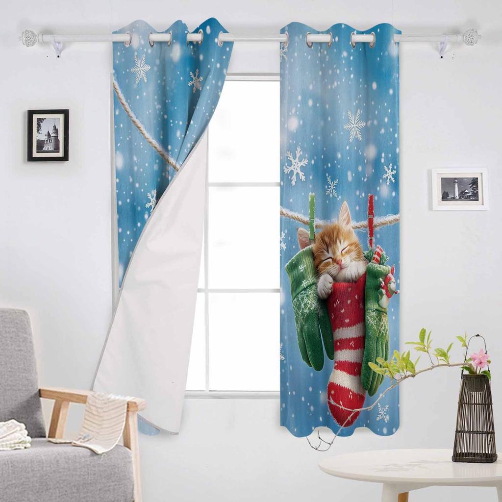 Tecknad Stjärnkatt Julstrumpor Snöflinga Mörkläggningsgardiner För Vardagsrum Sovrum Fönsterbehandling Persienner Kök Draperier