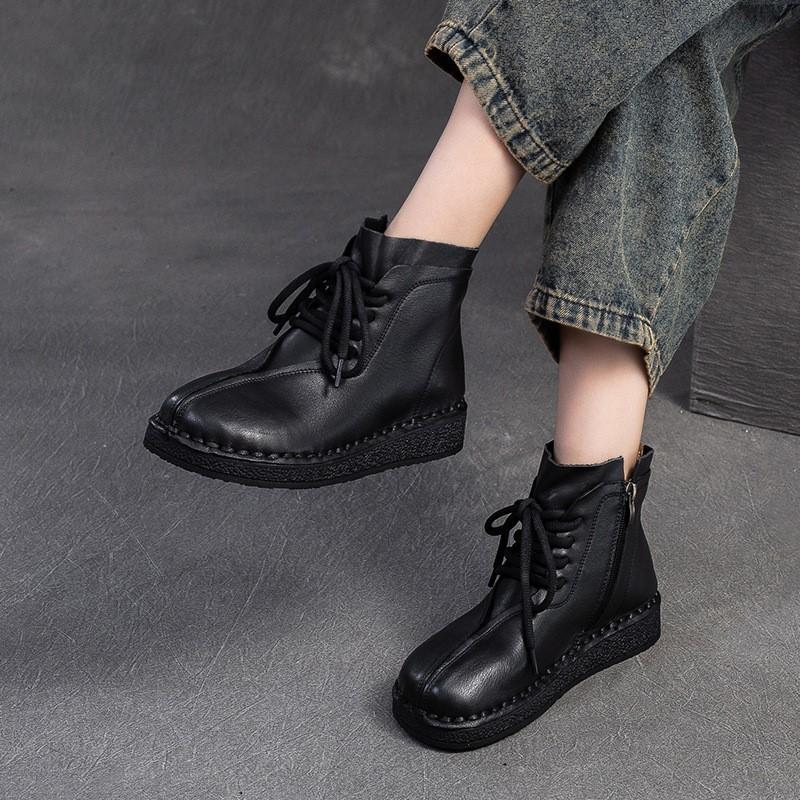 Johnature Retro Lace Up Flat Short Boots Genuine Leather Comfortable Versatile Women's Shoes