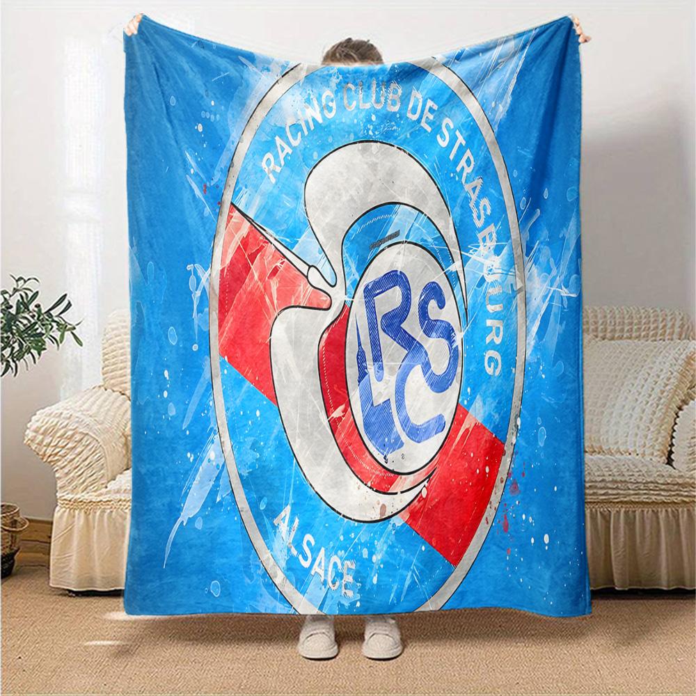 Racing Club Strasbourg Crest Flannel Blanket, Soft Polyester, Modern Design, All-Season for Camping, Travel, Gifts for Holidays or Birthdays