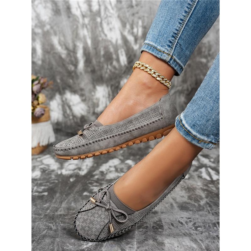 Women Bow Decor Flat Loafers Round Toe Slip‑On Shoes Soft PU Casual Moccasins Comfortable Lightweight Walking Shoes For Daily Office Wear