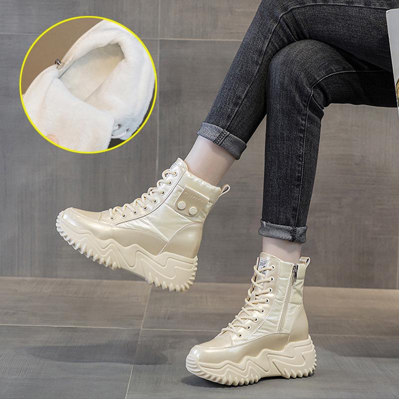

2025 Зимняя обувь Женская Водонепроницаемые Снежные ботинки Теплая Хлопковая обувь Холодная Зима Женские Ботильоны Нескользящие Увеличивающие рост 7см 39 белый