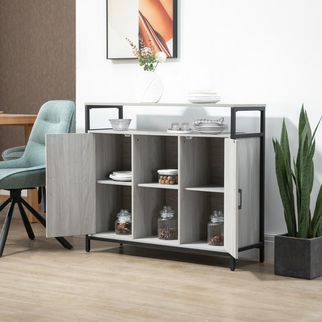 Modernes Holz-Sideboard mit 2 Schränken und Regalen, Küchen- und Eingangsschrank Hellgrau, 100x34x87.2cm