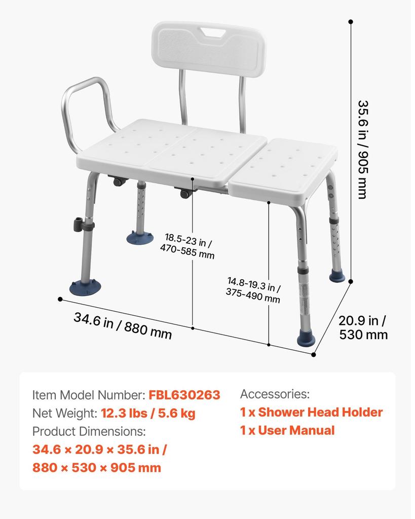 Tub Transfer Bench for Bathtub, 180 Kg Capacity Heavy Duty Shower Chair with Arm, Backrest and Curtain Slot, Height Adjustable Shower Bench Bath Seat