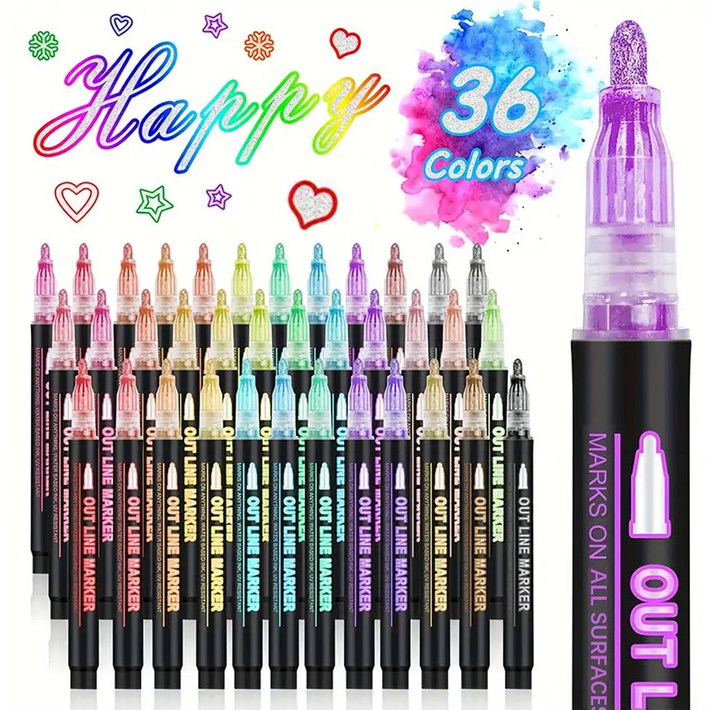 8/12/24/36/48 Colors double line outline Metallic Highlighter marker pens, Squiggles Double Line Pen, Magic Glitter Drawing Pens