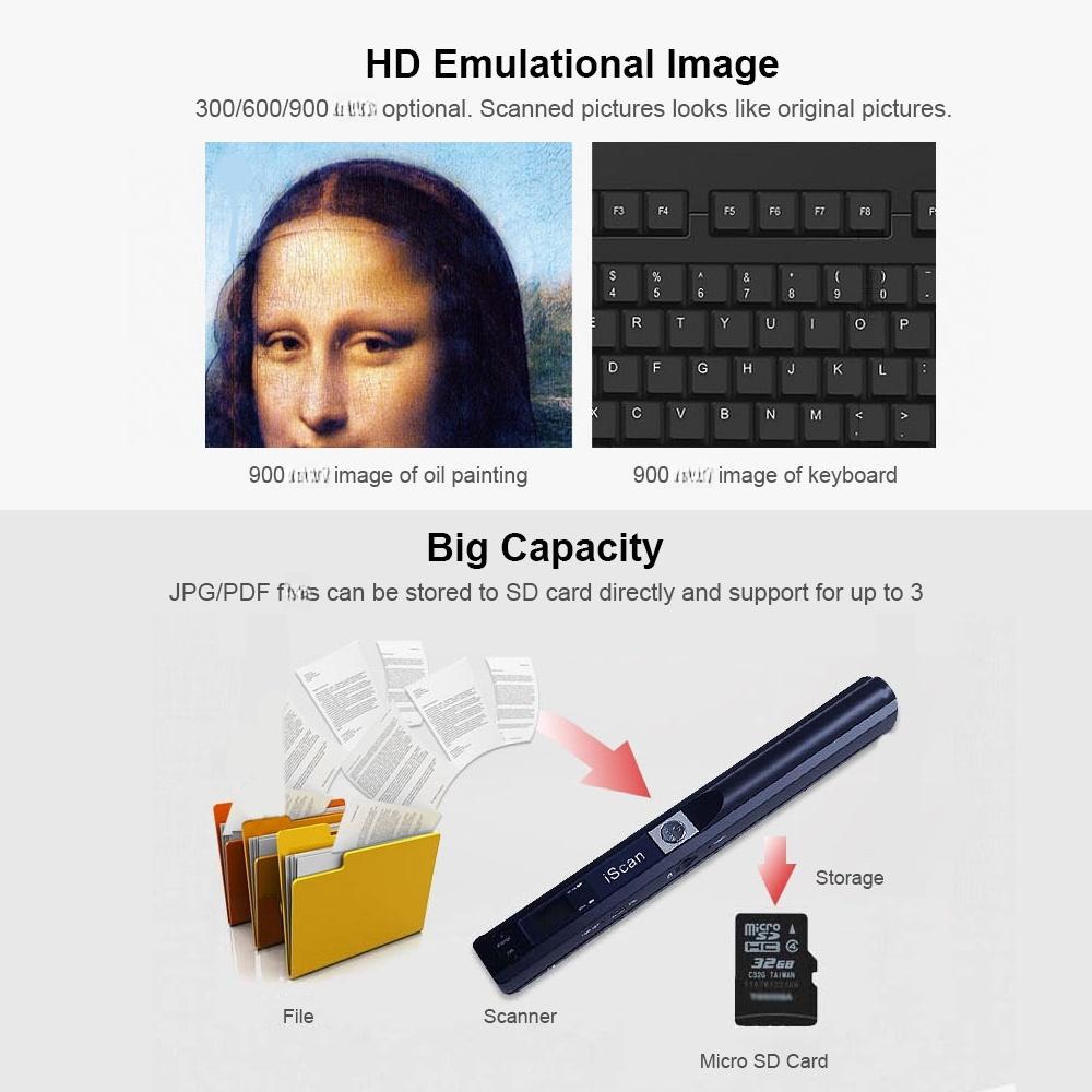 Portable Scanner Mini Handheld Document Scanner A4 Book Scanner JPG and PDF Format 300/600/900 Movement Speed