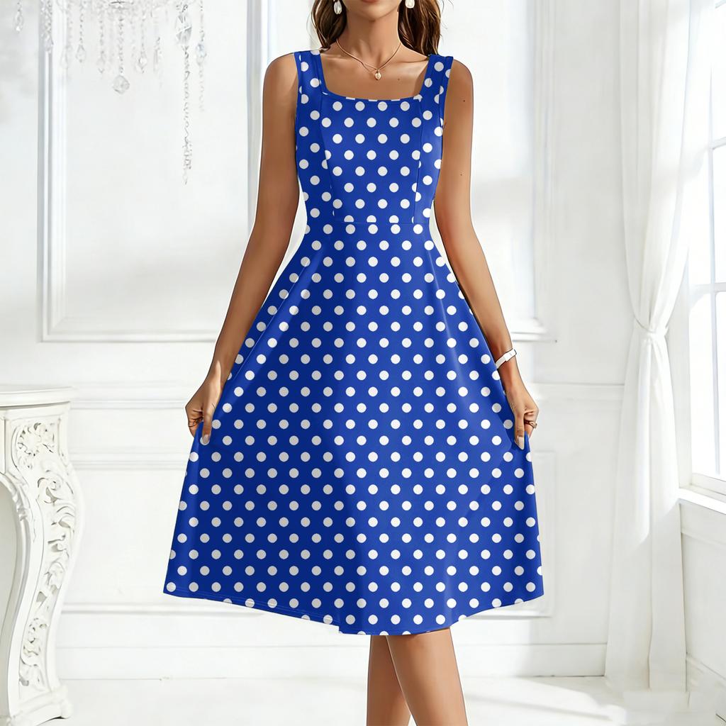 Women's Square-Neck Sleeveless Polka Dot Maxi Dress