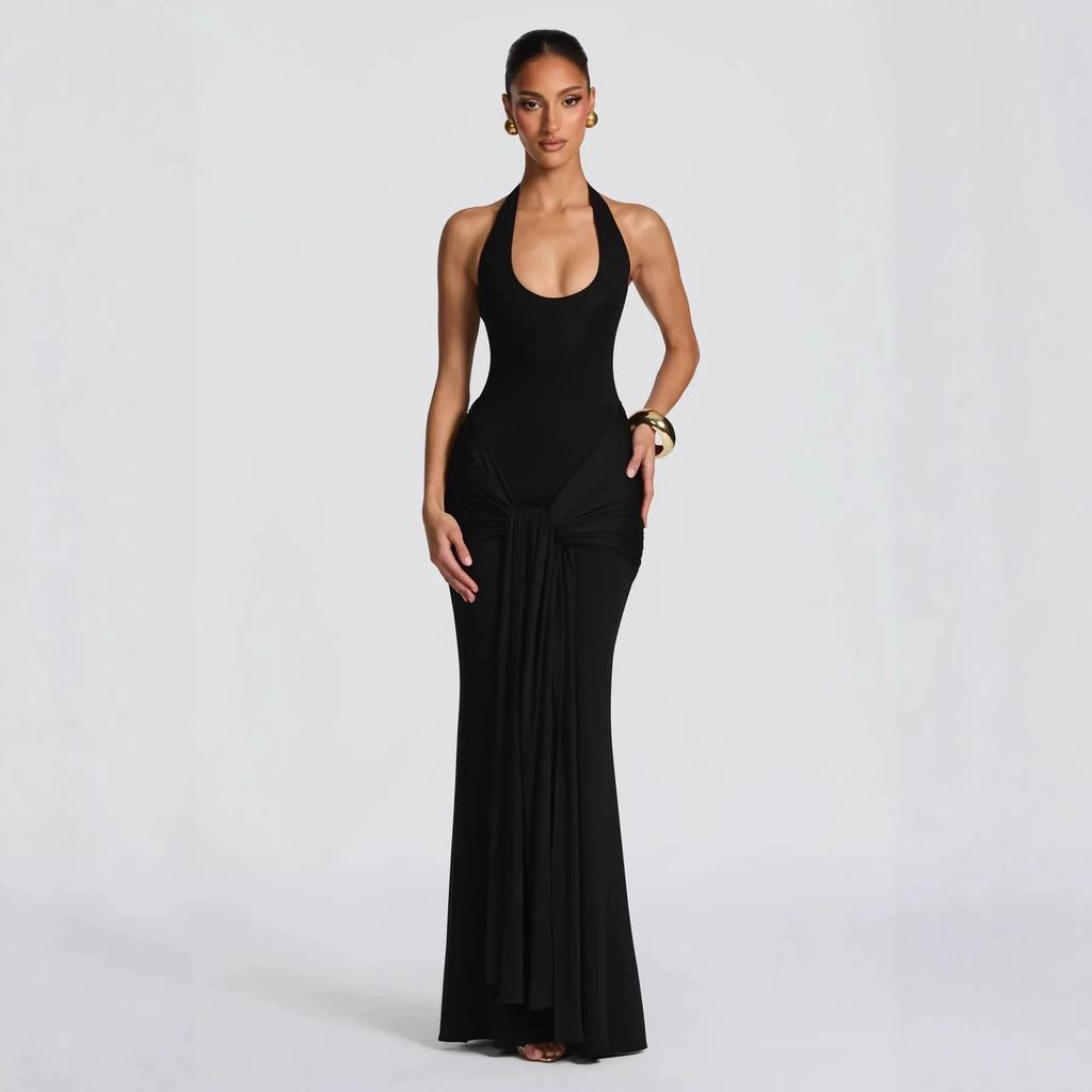Women's new streamer splicing suspender long dress slim-fitting hip-wrapped European and American style neck dress dress