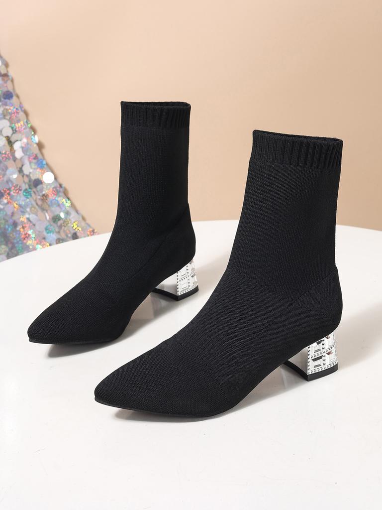 Fashion 2025Autumn/Winter New Low Tube Soft Face Fashion Boots Water Diamond Thick Heel Flying Weaving Square Head Short Boots