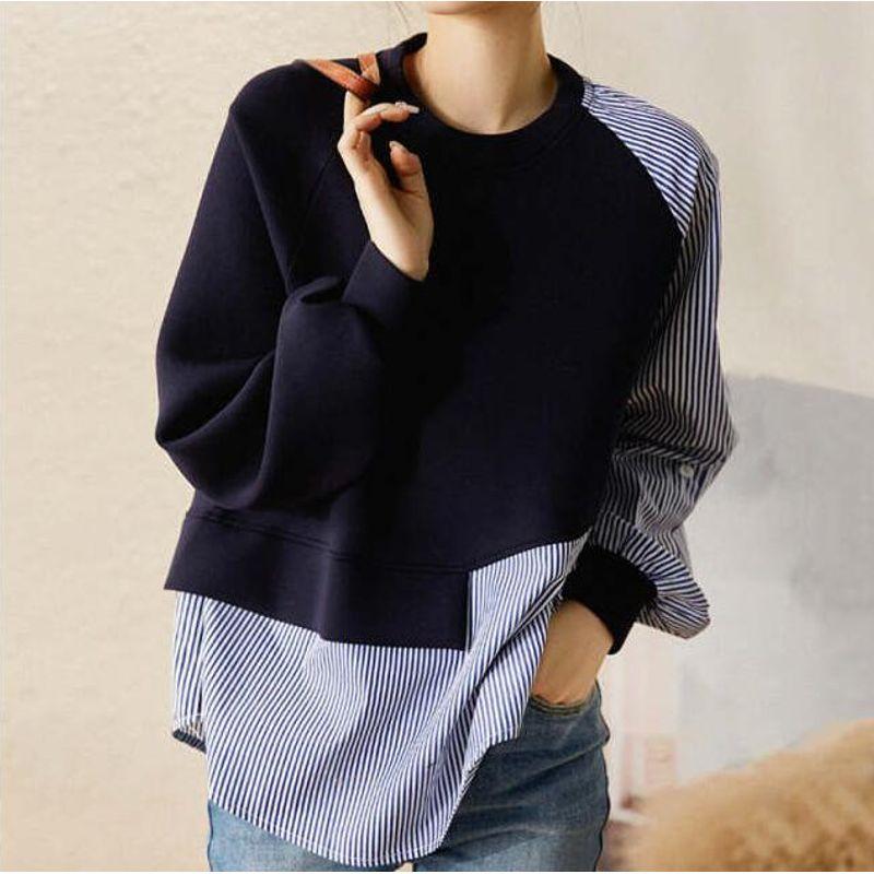 Spring New Cross-Border Fashion Korean round Neck Thin Stripe Patchwork Loose Casual Simplicity Long sleeve Hoodie Top Women