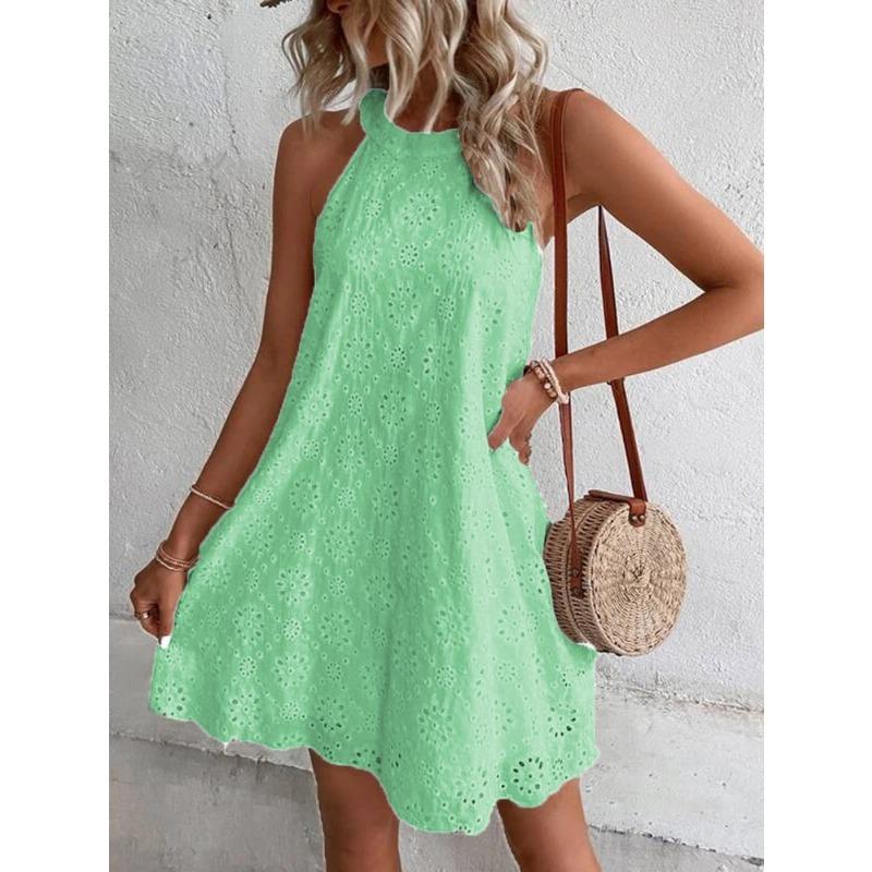 Women Solid Color Lace Button Halter Sleeveless Knee Length Summer Casual Dress