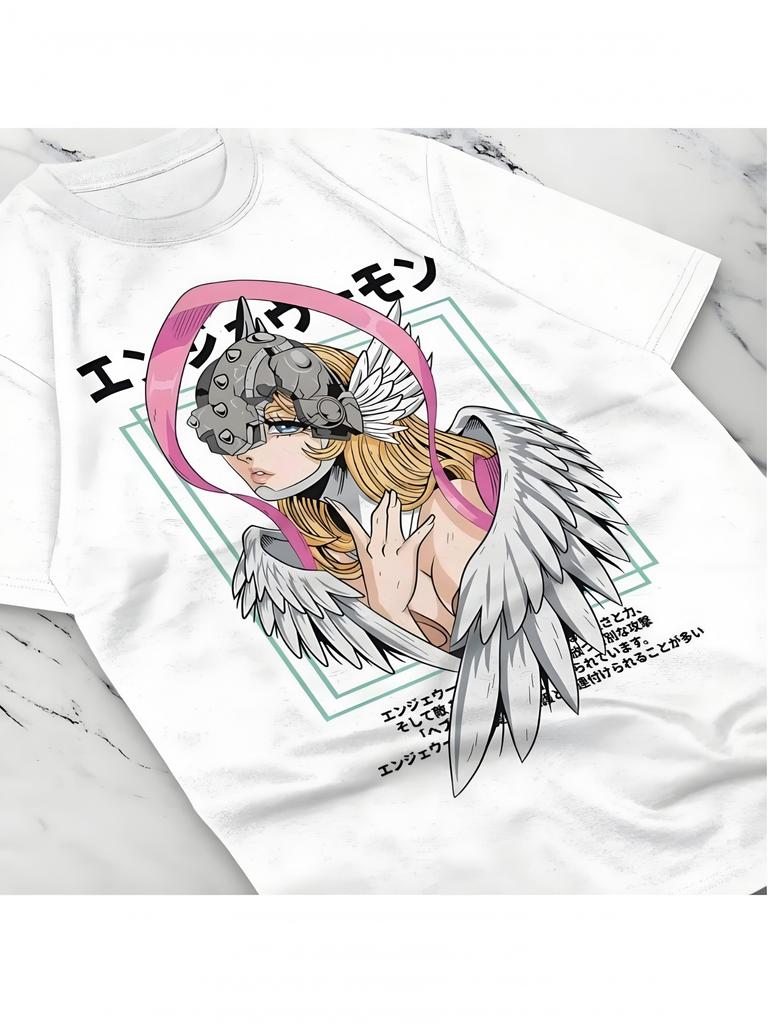 Summer Hot Selling Adventure Angewomon Pattern Tshirt Mens Casual Round Neck Short Sleeved Tshirt Bright Anime Print