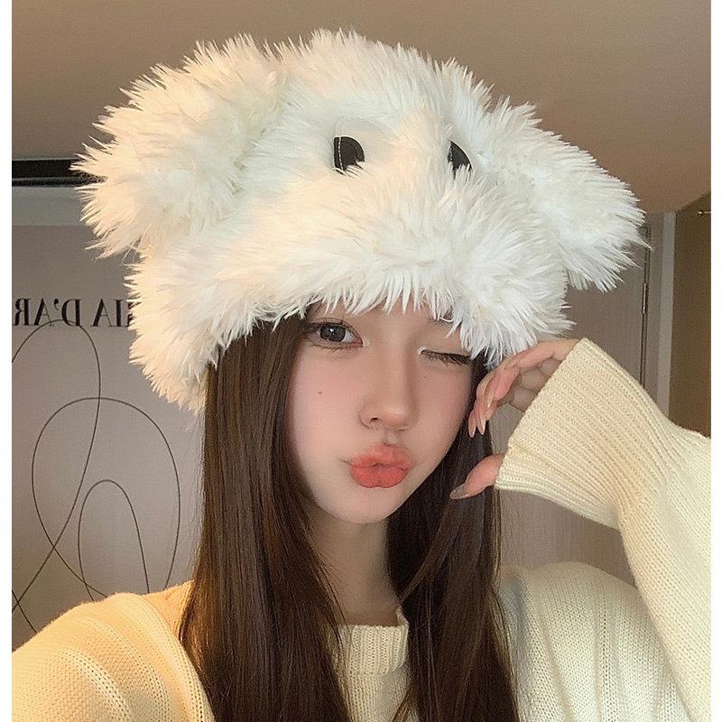 Cute Cartoon Big Eyes Puppy Hat Female Eyes Long Ears Thickened Pullover Hat Warm Plush Lei Feng Hat