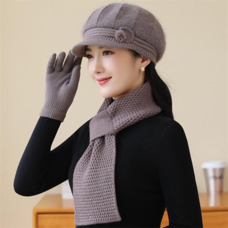 

Женская осенне-зимняя вязаная кепка-утка из кроличьего меха для среднего и пожилого возраста Hat + Small Scarf + Gloves