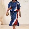 Women Plus Size Two Piece Set Round Neck Batwing Sleeve Ruffle Hem Top Red Blue Beige Printed Fishtail Skirt