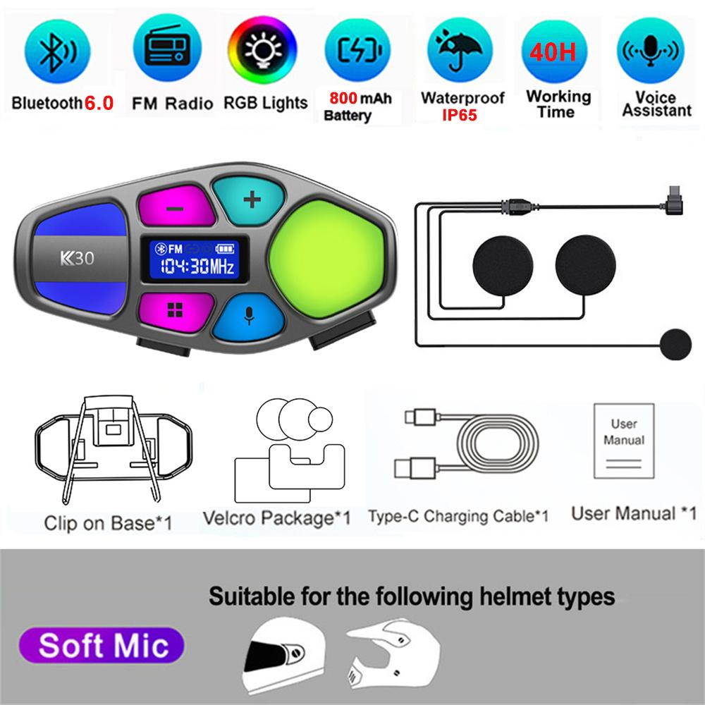 K30 Motorcycle Helmet Bluetooth 6 Headset FM Radio Stereo Earphone Waterproof Handsfree Headphone Voice Control Noise Reduction