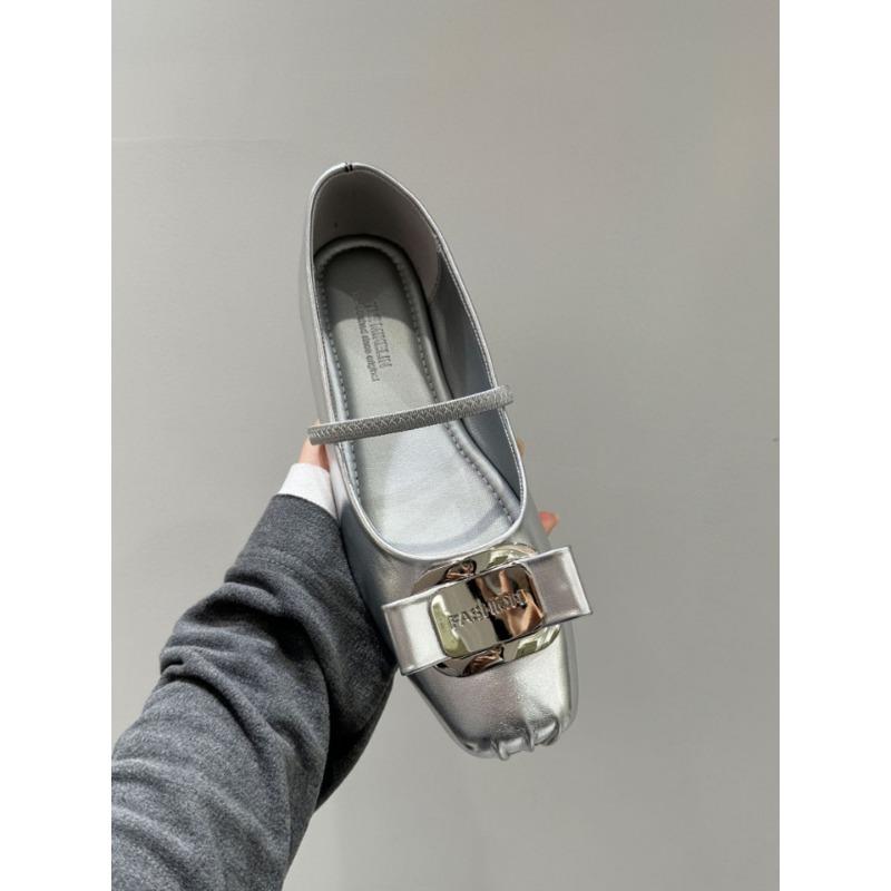 Cowhide version square head leather light mouth metal bow Mary Jane shoes women's flat ballet shoes