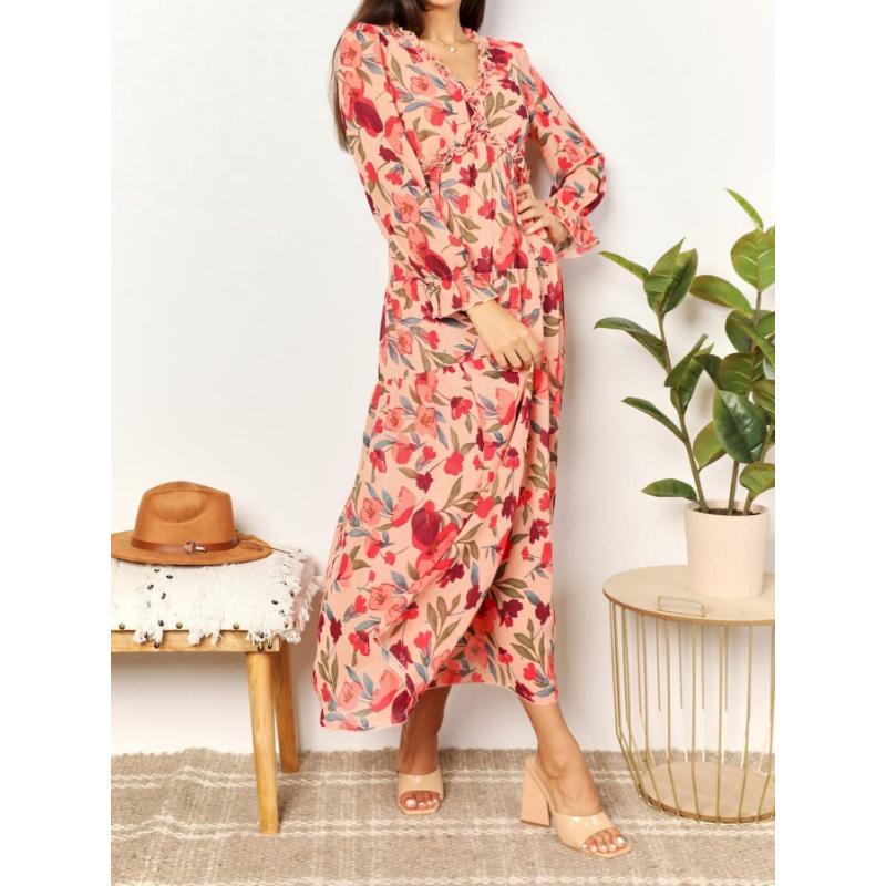 Women Floral Print Long Sleeve V Neck Ruffle Trim Tiered Chiffon Maxi Dress Boho Casual Beach Vacation Wedding Guest Evening Party Elegant Long Dress