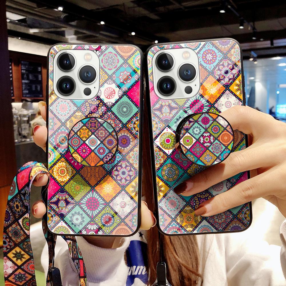 For iPhone 15 Pro Tempered Glass+PC+TPU Kickstand Case Flower Pattern Phone Cover with Lanyard