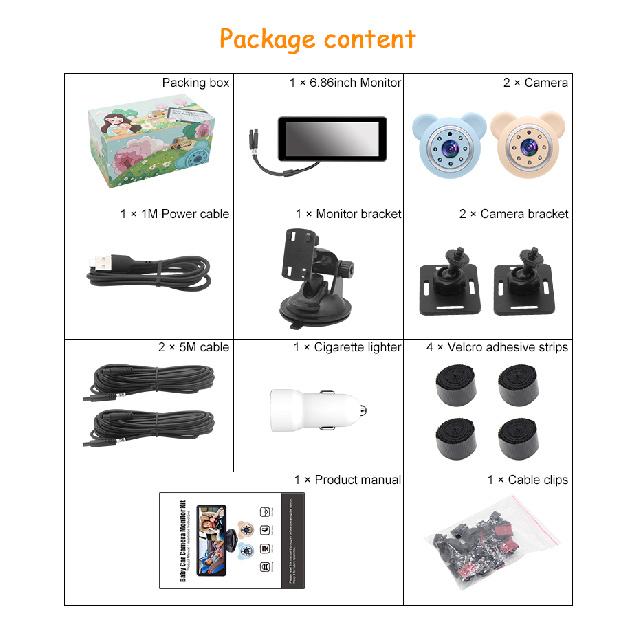 2 Camera Rear View Monitor 6.86'' IPS Screen Baby Car Mirror Wide View Angle for Infants Kids Pets Night Vision Function Interior Mirrors6