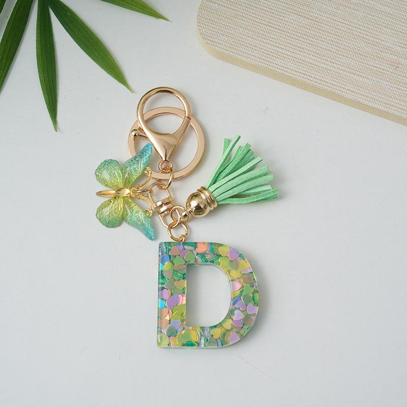 A-Z Initial Letter Keychain Green Butterfly Tassel Letter Charm Bag Pendant Couple Key Holder Pendant For Friend Gifts