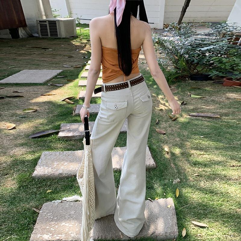 Old Money Latte Milk Tea Color Elastic Slightly Stretched Waist Not Sticking Legs Thin Flared Pants Jeans Women