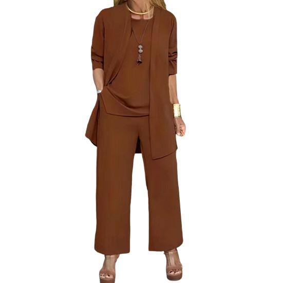3 buc./set femeie haină vestă pantaloni set cardigan cu mânecă lungă cu decolteu o vestă fără mâneci cu talie elastică pantaloni cu picioare late costum pantalon lejer toamnă primăvară