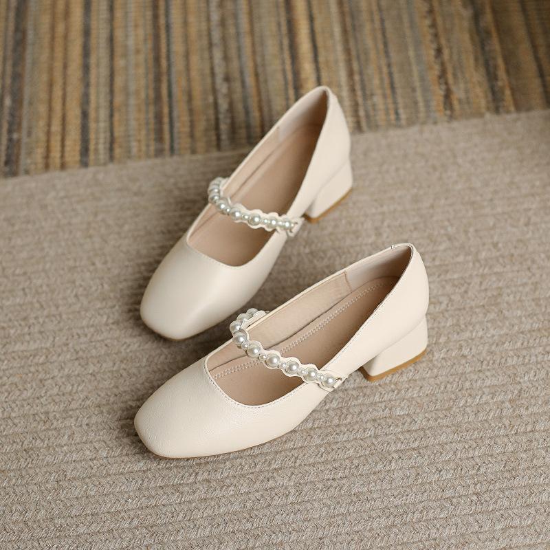 Square head pearl word with Mary Jane shoes high heels women's year retro thick heel single shoes women