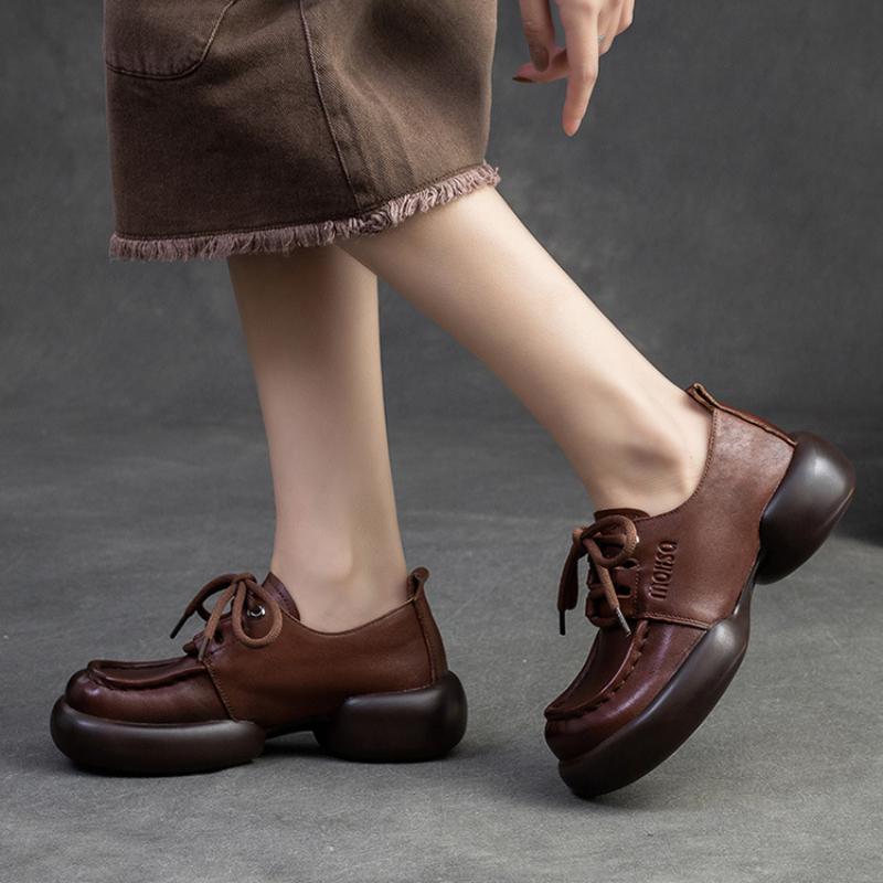 Johnature Genuine Leather Retro Handmade Thick Sole Versatile Pumps Casual Lace-up Women's Shoes