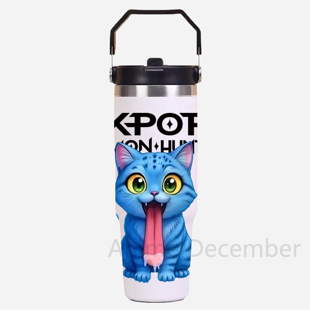 30Oz K-Pop Portable Car Cup Stainless Steel Thermos Cup with Straw Travel Sports Water Bottle with Handle Cover Coffee Vacuum Flask