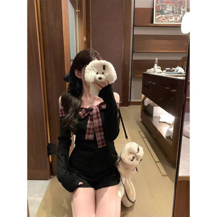 

Женская футболка с клетчатой лоскутной отделкой, открытыми плечами и шнуровкой-бантом, коллекция начала весны 2025 года S чёрный