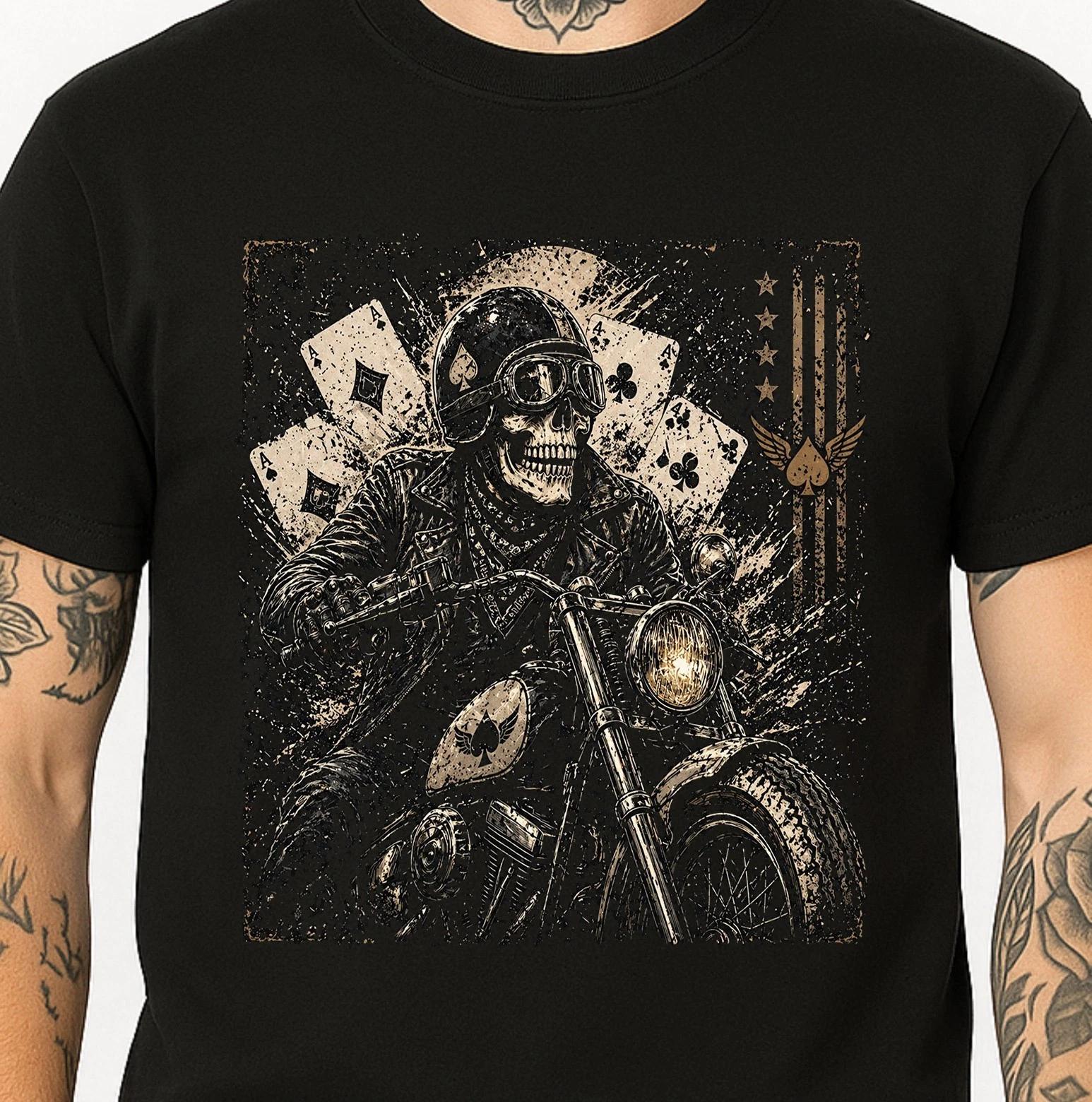 Skull Biker T-Shirt Skeleton Rider Motorcycle Poker Aces Cards Vintage Tee. XXL