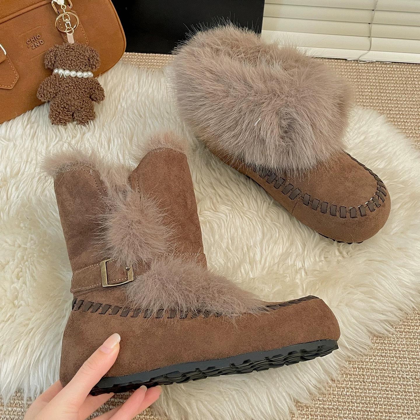 Retro inner heightening western short boots women s new winter velvet warm huge good-looking fluffy snow boots 40 коричневый 6990₽