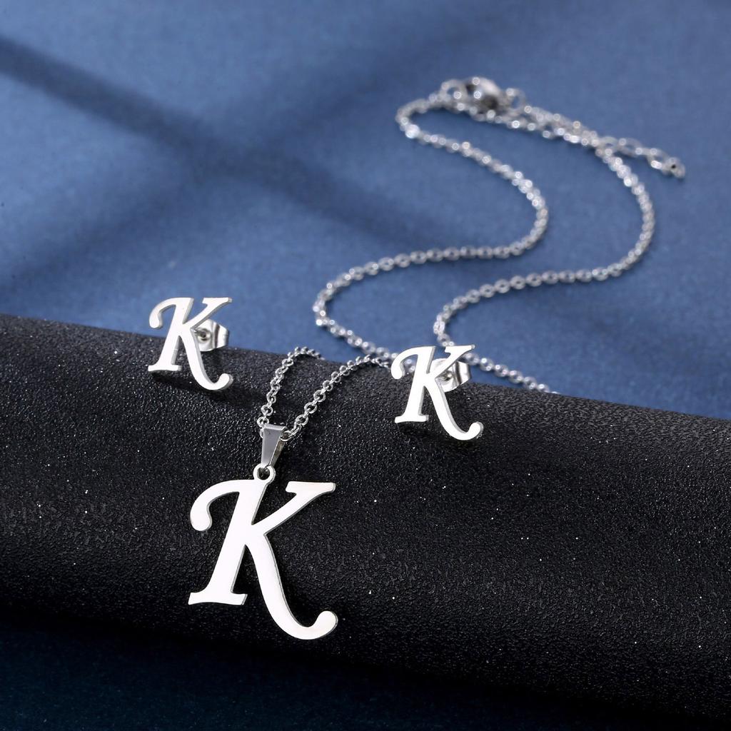 Stainless Steel Letter Pendant Necklace Unisex Jewelry Set Letter Earrings Party Accessory Present for Fashion Lover
