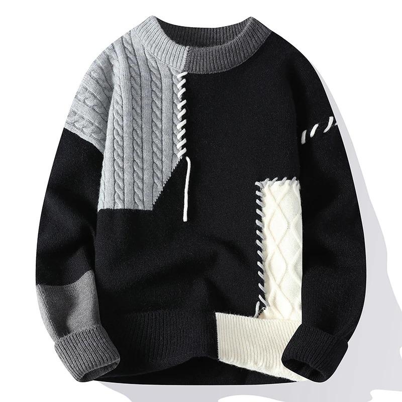 Autumn and Winter Warm Men's Sweater Street Fashion Patchwork Color New Casual Pullover Turtleneck Warm Loose Top