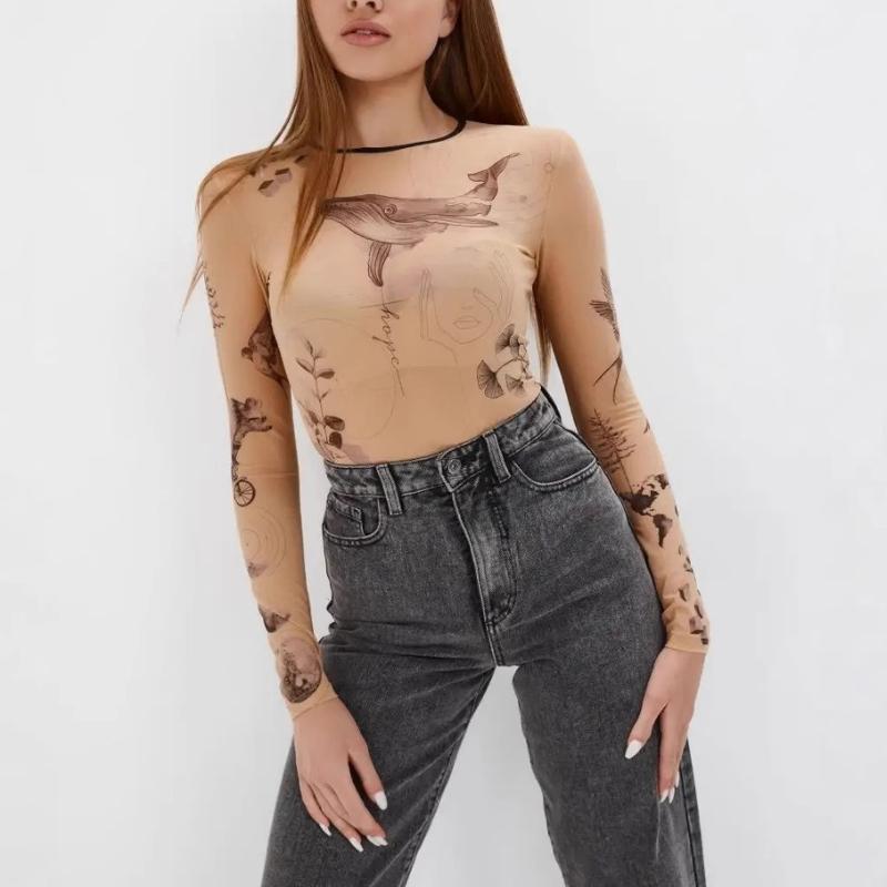 European and American Round Neck Long Sleeved Fashionable Mesh See Through Sexy Slim Fit Jumpsuit for Women