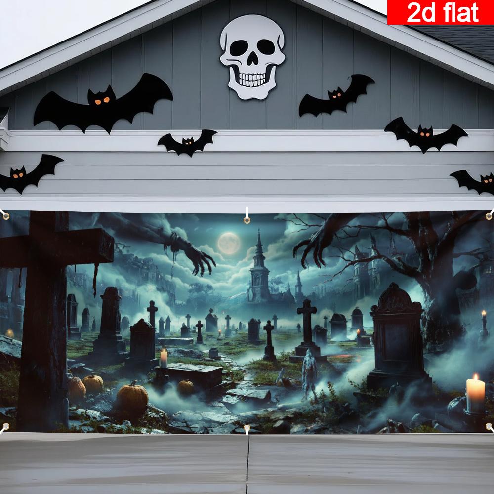 2D banner 1 Halloween garage door flag - Ghost Cemetery scene, with glowing pumpkins, bats and a full moon, decorated
