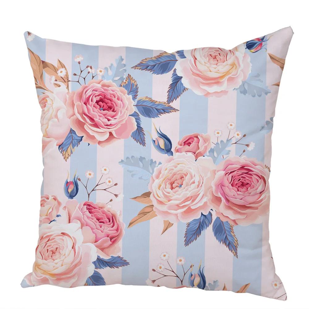 Nordic Style Rose Flower and Birds Pillow Case Cushion Cover for Car Peach Skin Decor Flower Plant Animal Throw Pillowcase