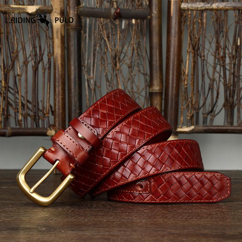 Trendy, Retro, Stylish, Versatile, Top-grain Pure Cowhide Woven Belt for Men, Genuine Leather, Copper Buckle, Woven Denim Belt