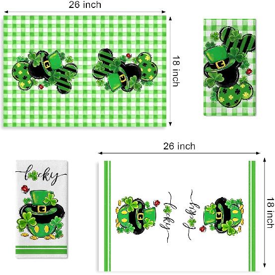Seliem St. Patrick's Day Kitchen Dish Towels Set of 2, Lucky Clover Shamrock Green Hat Hand Towels Drying Baking Cooking Cloth, Plaid Check Farmhouse
