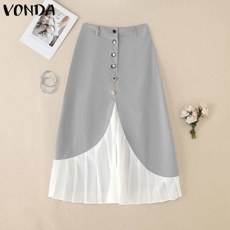 

VONDA Женские юбки с пуговицами на талии, пэчворк, оборками, подолом, миди, бедра, офисное платье 5XL