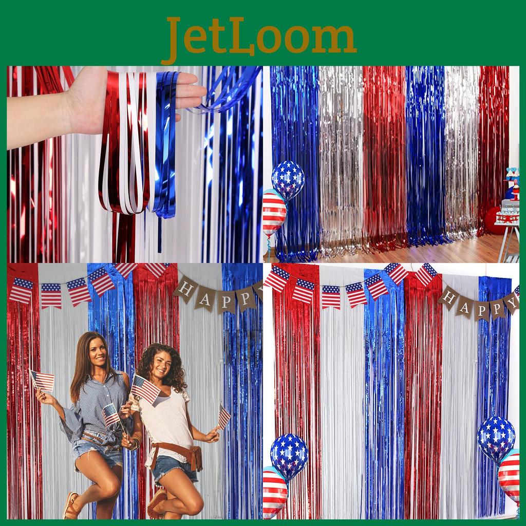 Bright Red White And Blue Foil Tinsel Curtain For Independence Day Festive Decorations