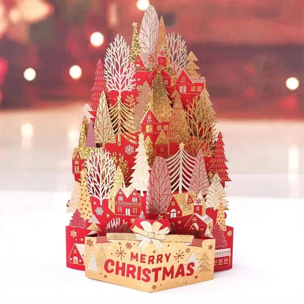 Paper Christmas 3D Greeting Card with Envelope Craft Merry Christmas Blessing Cards Gold Plated Pop Up Paper Carving Postcard