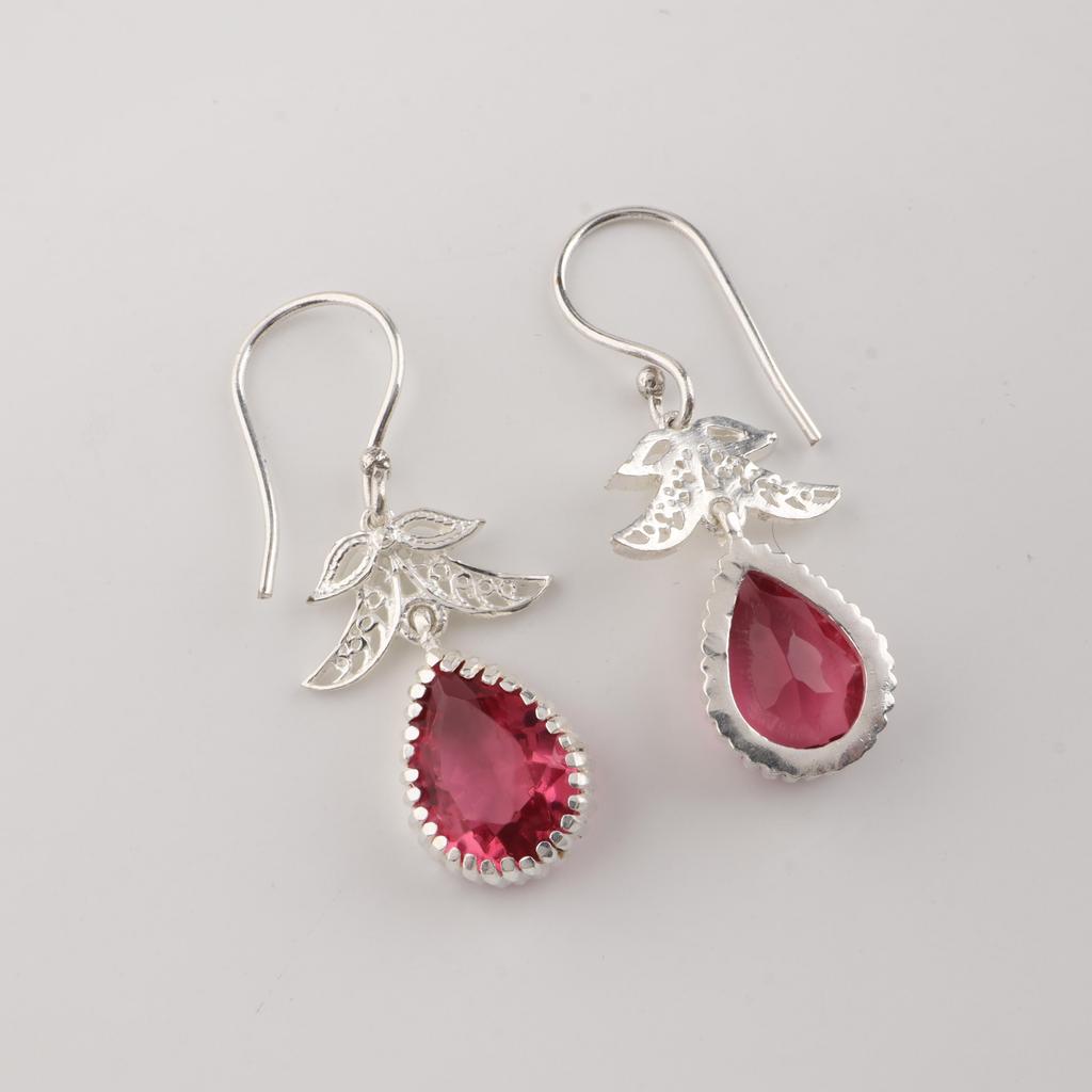 Pink Tourmaline Gemstone 925 Sterling Silver Dangle Earrings For Women 1.84" CE-27-2