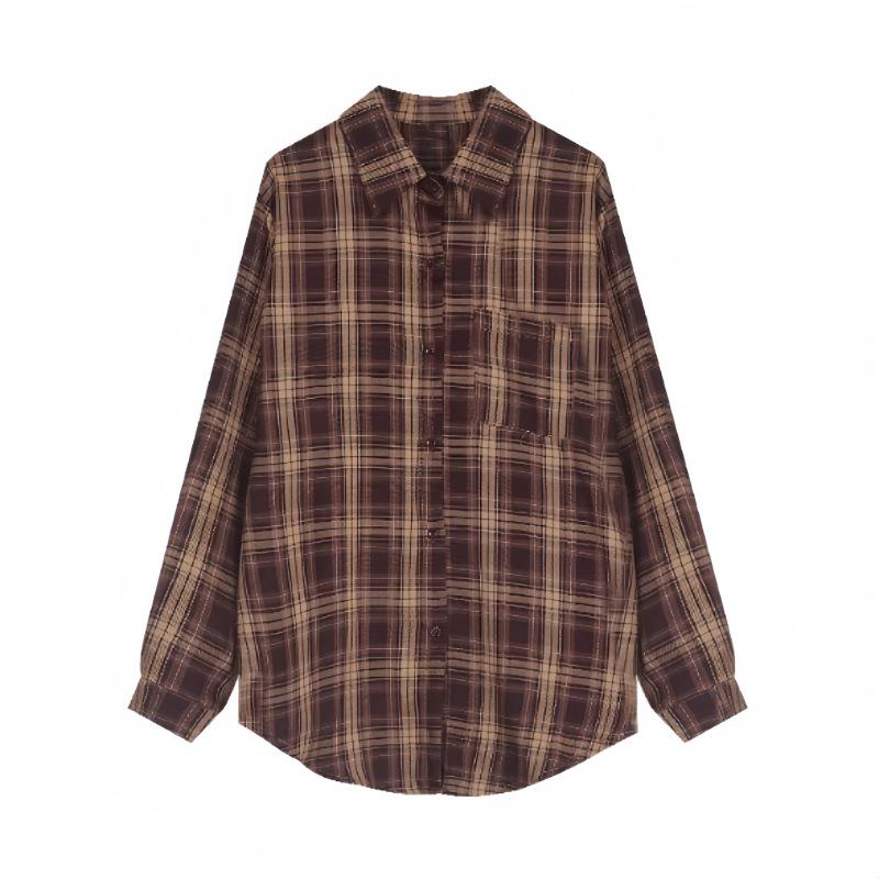 

Женская ретро клетчатая рубашка-куртка на начало осени - Свободная, Универсальная, Приталенного кроя XL кофейный